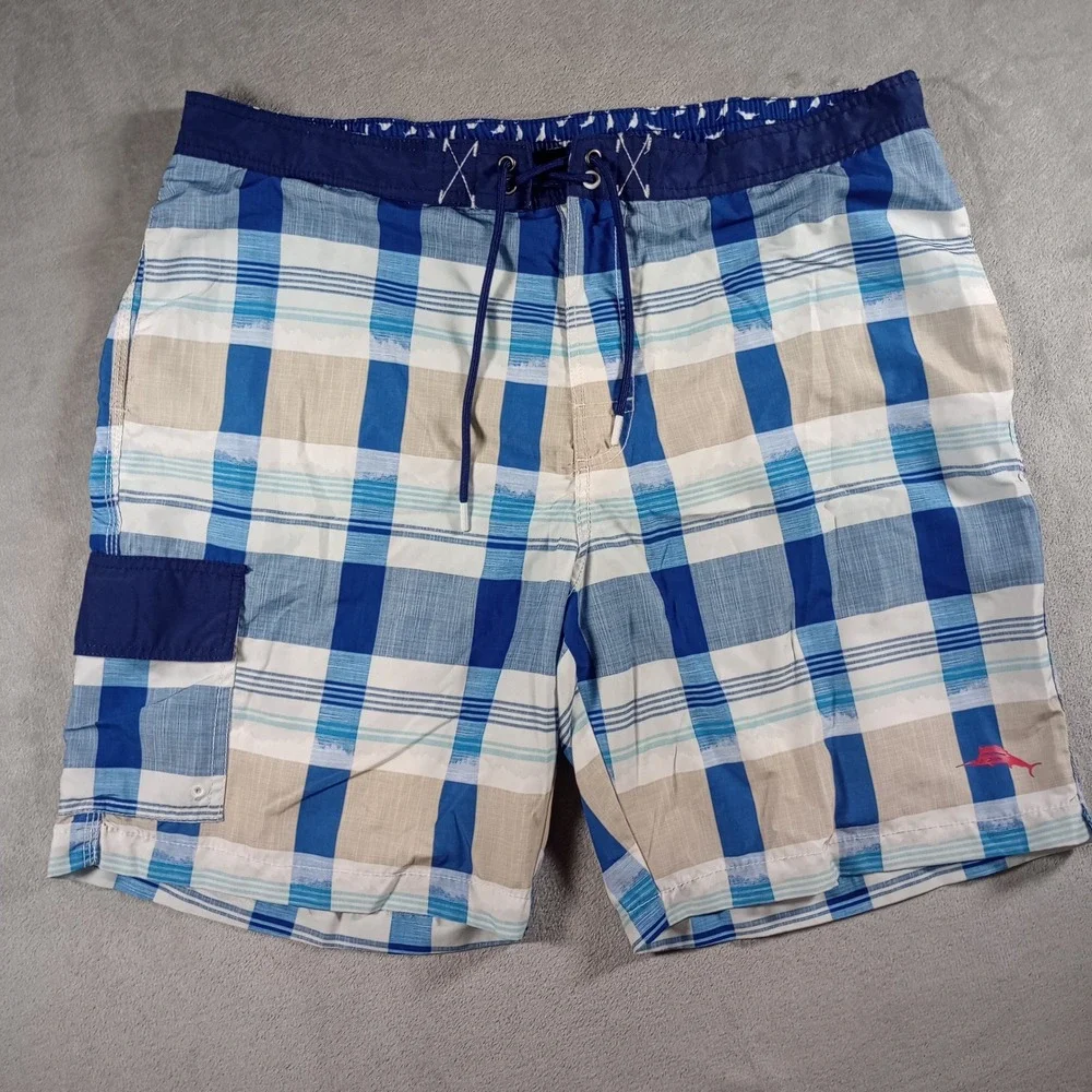 Tommy Bahama Swim Trunks Mens XL Blue Plaid Board Shorts Cargo Pocket Tropical